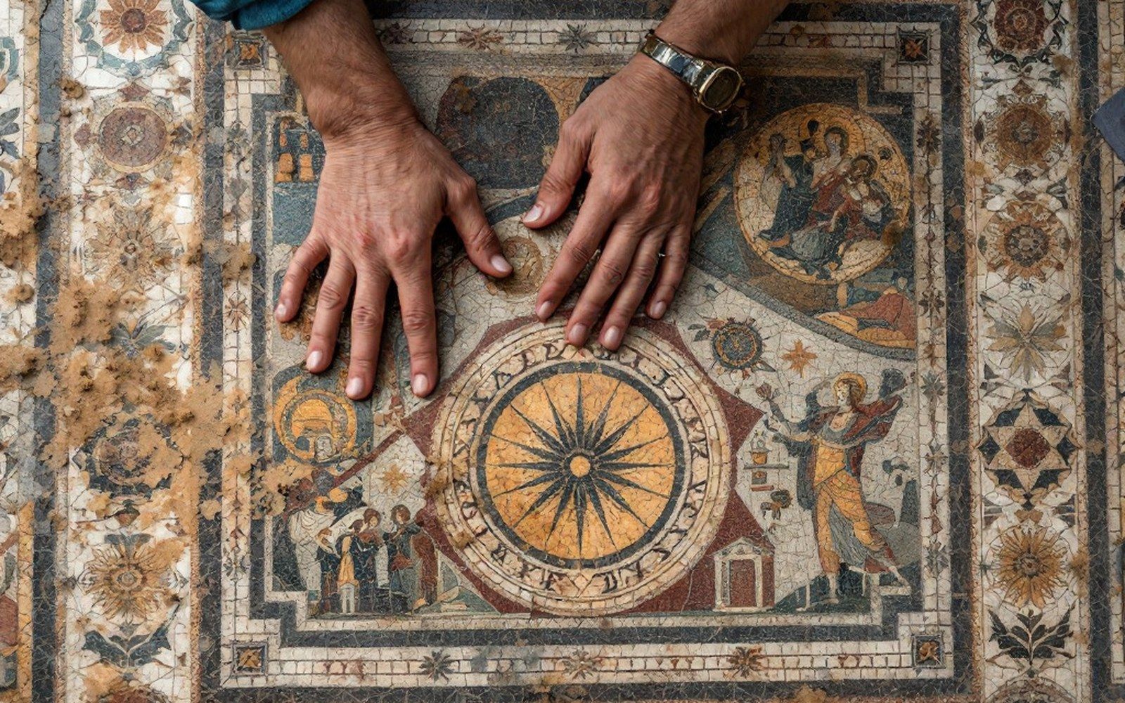 A Roman mosaic floor photographed from directly above with its geometric border running out of frame