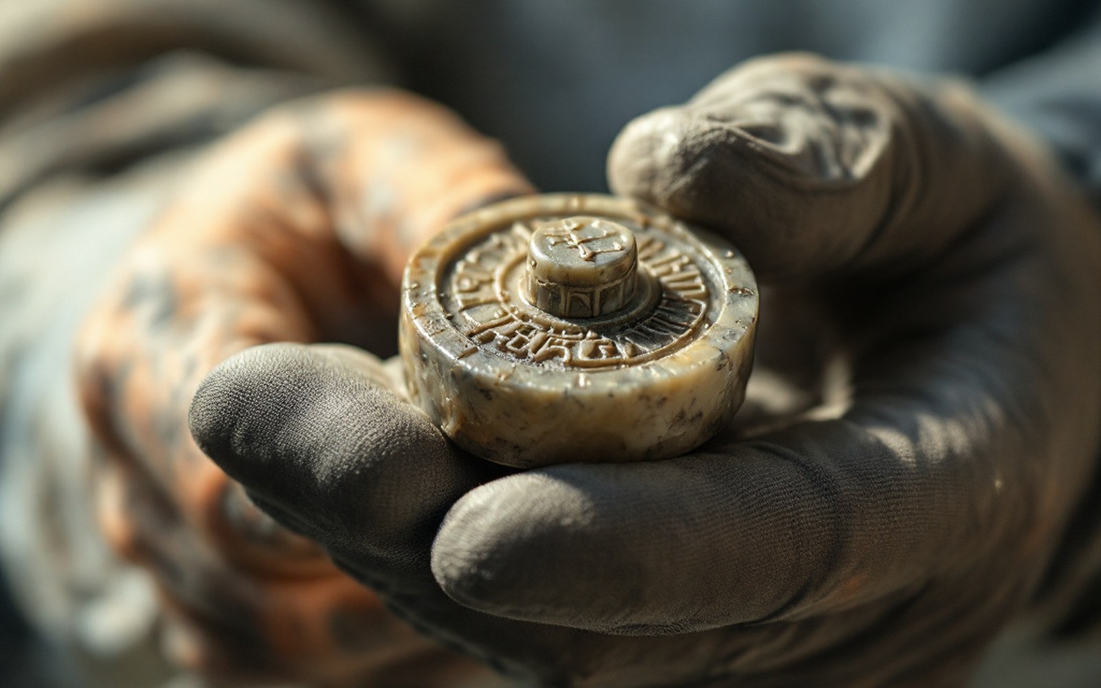 A small carved steatite seal held in gloved fingers under a lamp, museum conditions