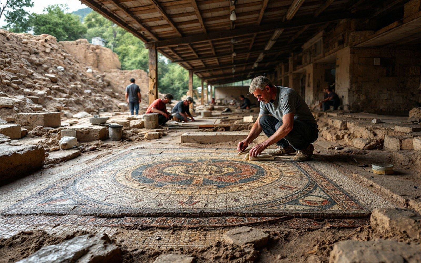 An excavated mosaic pavement under a modern shelter roof, even light