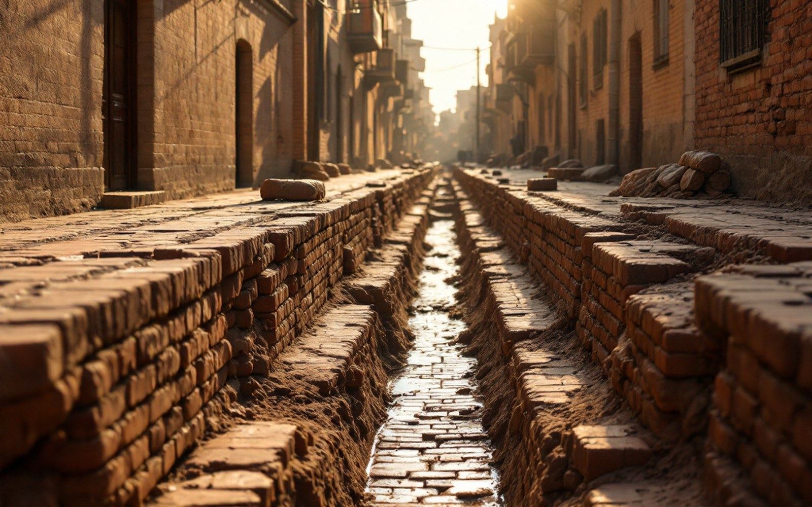 An excavated brick street and drainage channel seen along its length, hard sun