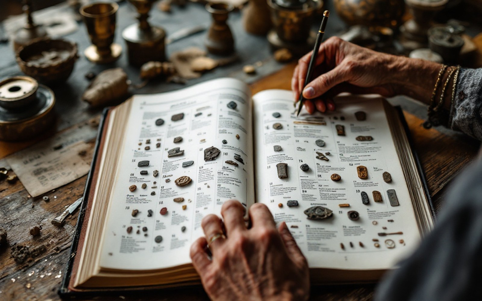 A large archaeological report volume open at a page of numbered, illustrated finds