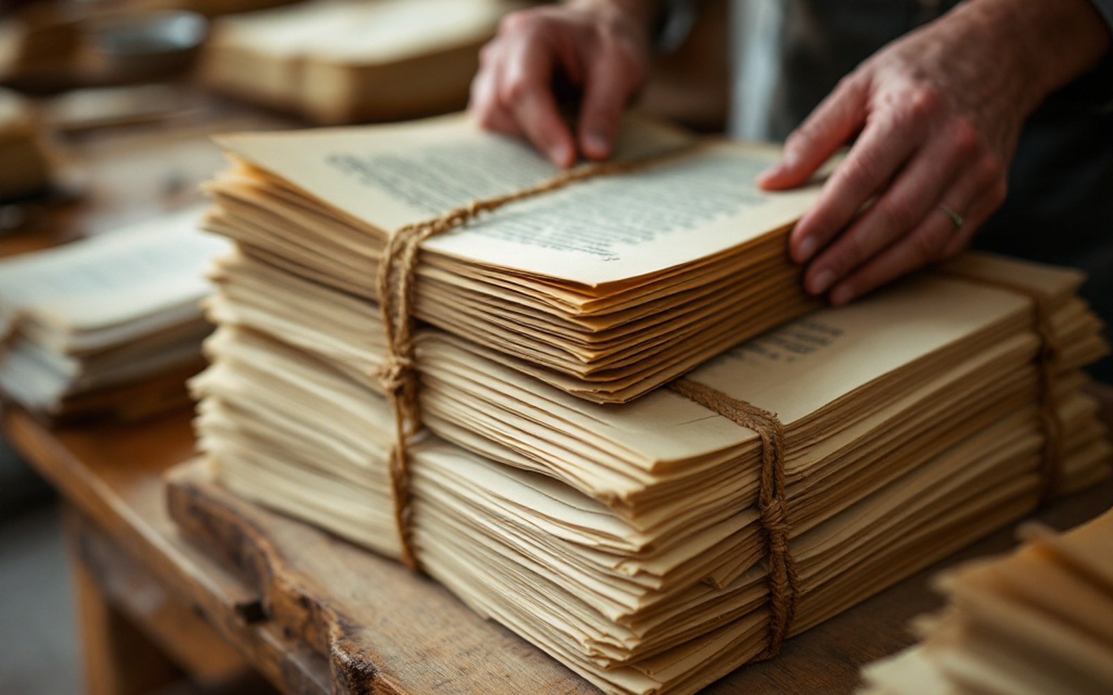 Stacked palm-leaf manuscript folios tied between wooden boards