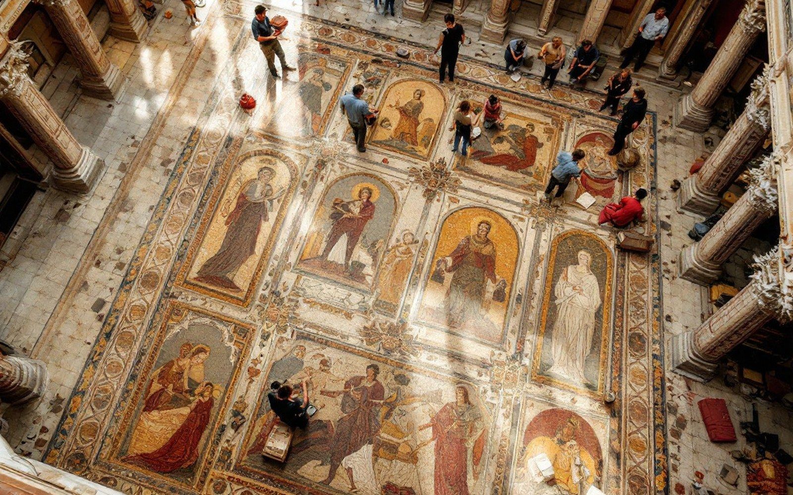 A large Roman mosaic floor seen from a walkway above, geometric borders framing figures