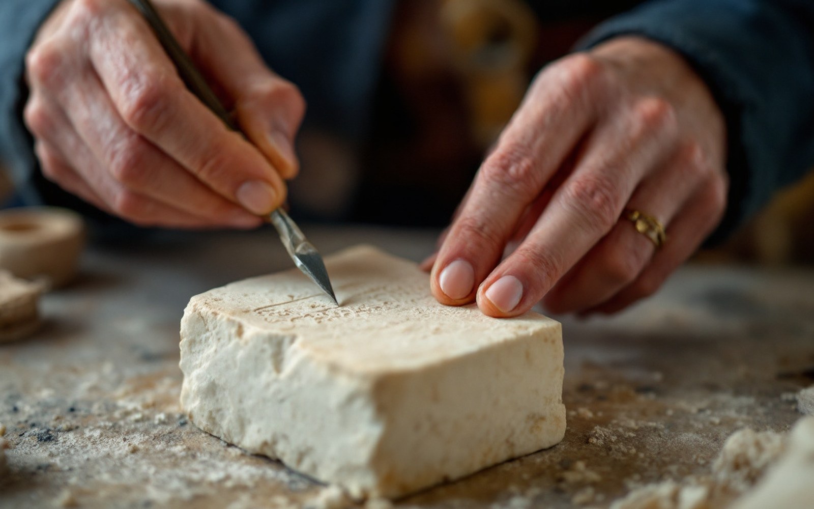 A small block of pale soft stone with a hand engraving tool beside it, workbench