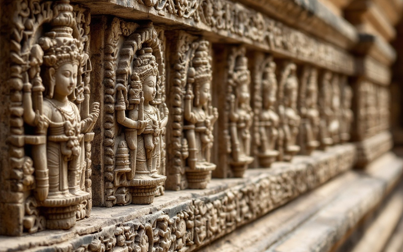 A row of small carved emblems along a stone temple frieze