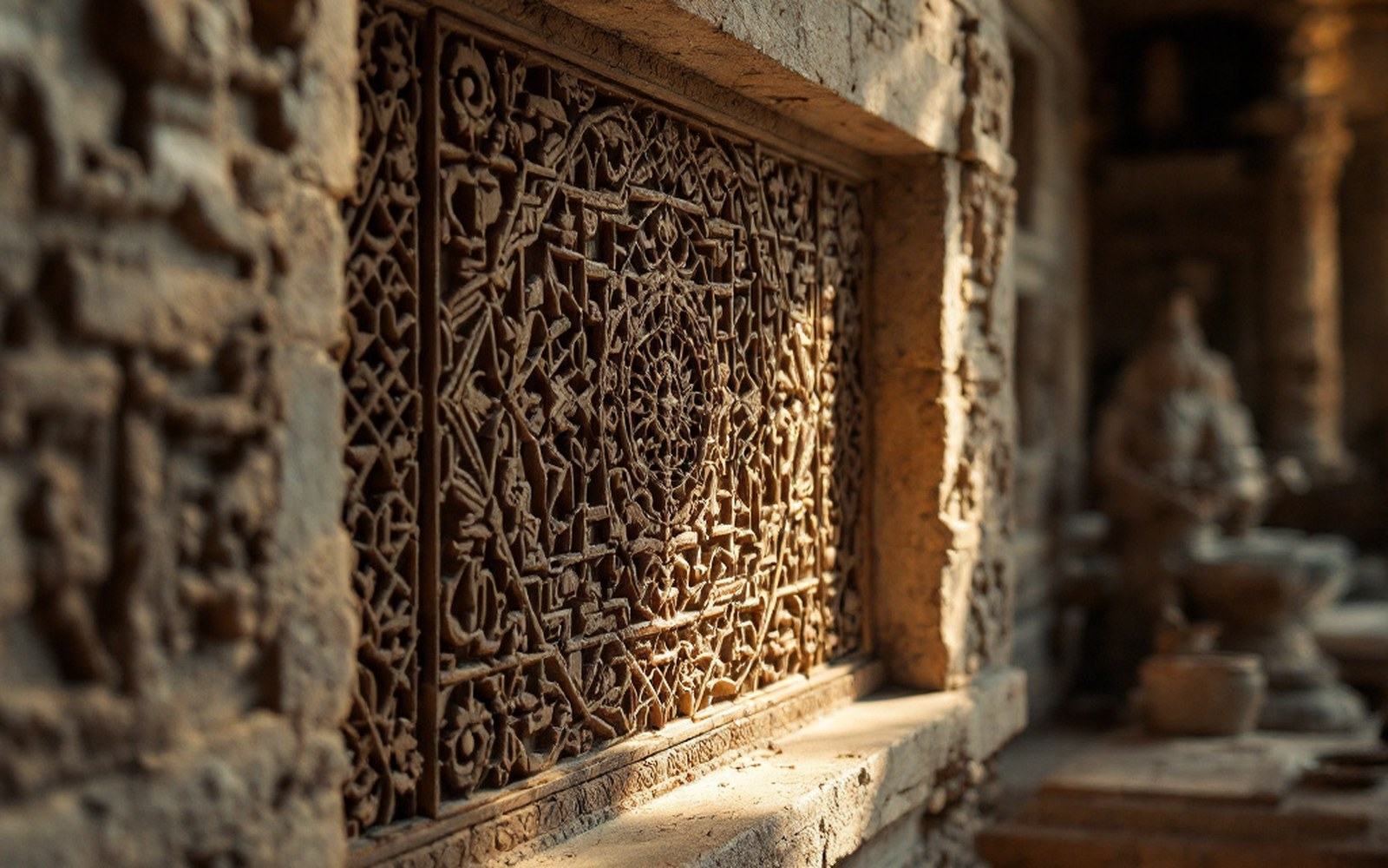 A carved stone panel with geometric relief in a temple wall, raking light