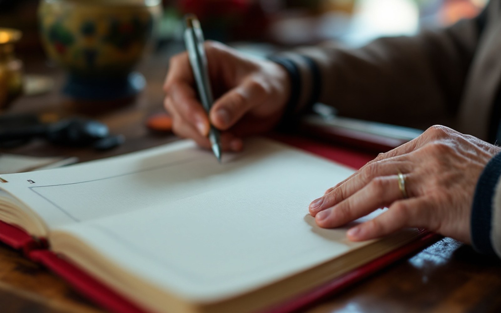 A red cloth-bound account ledger open at a blank first page on a shop counter