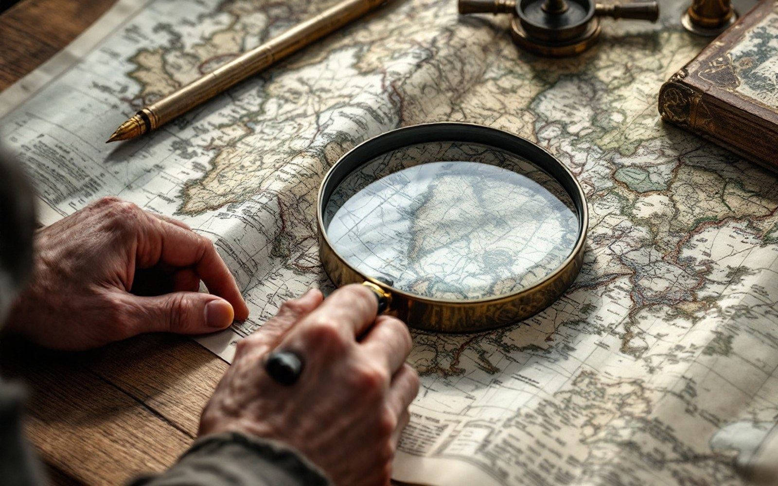 A folded printed topographic map on a table with a magnifier resting on it