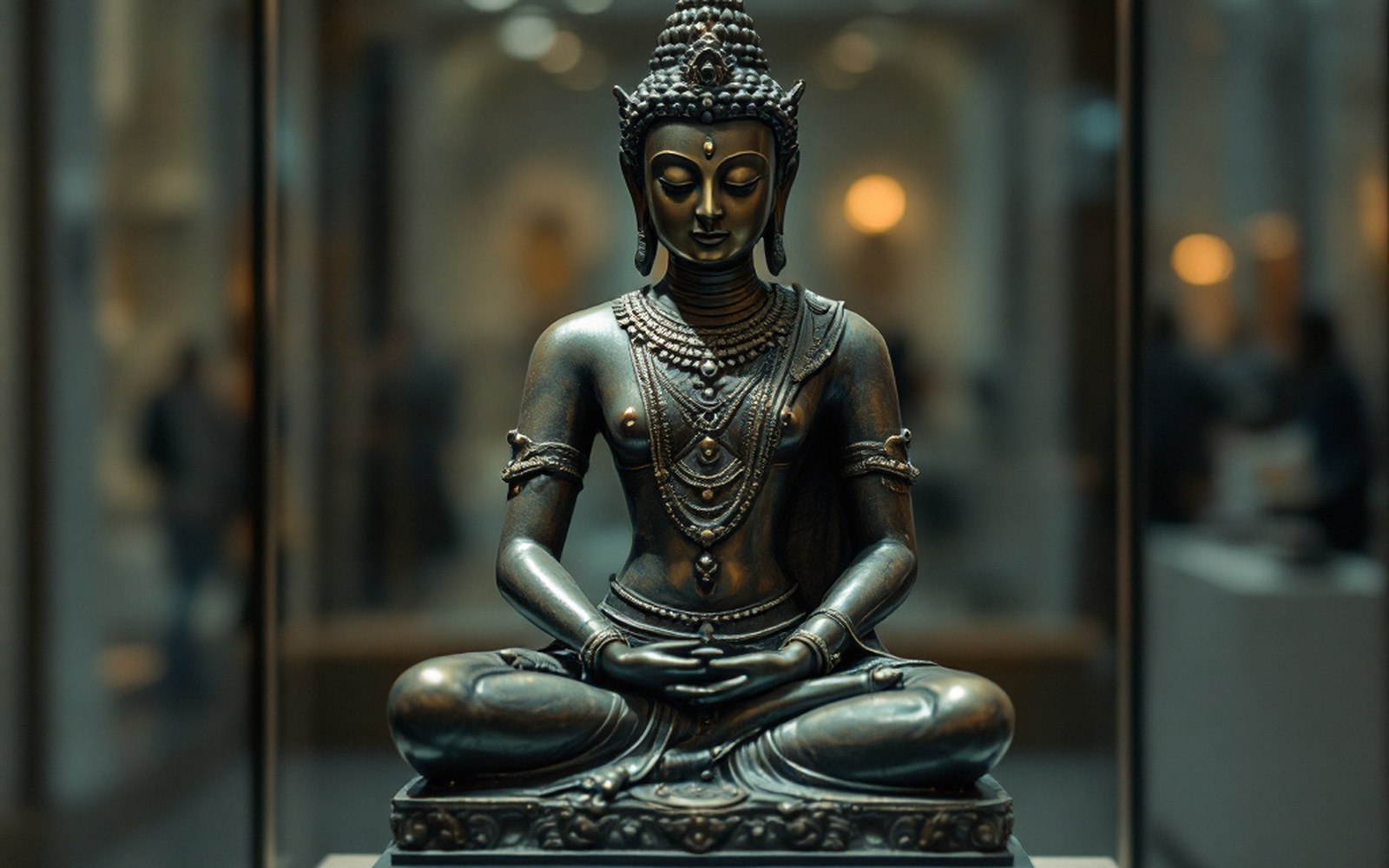 Seated bronze statue photographed from the front under museum lighting