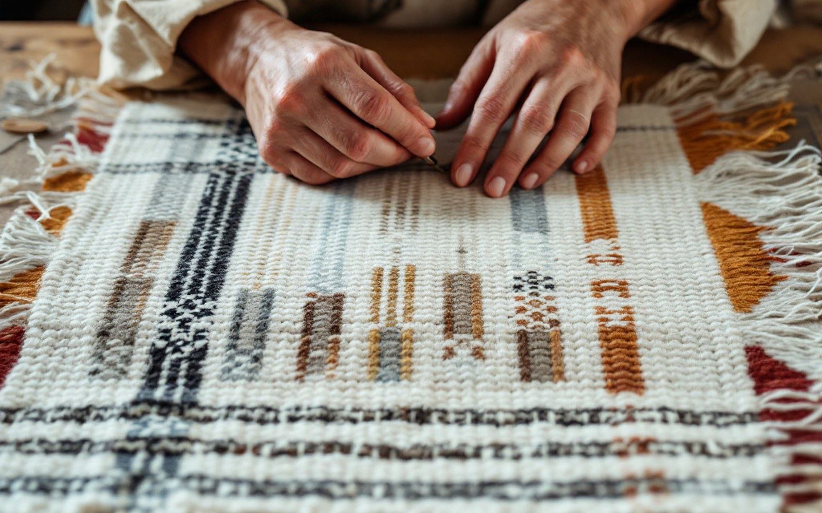 A handwoven wool textile with geometric banded patterning, photographed square-on