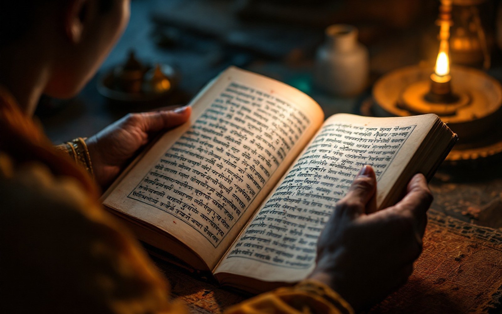 A Sanskrit text page in Devanagari script open under a reading lamp