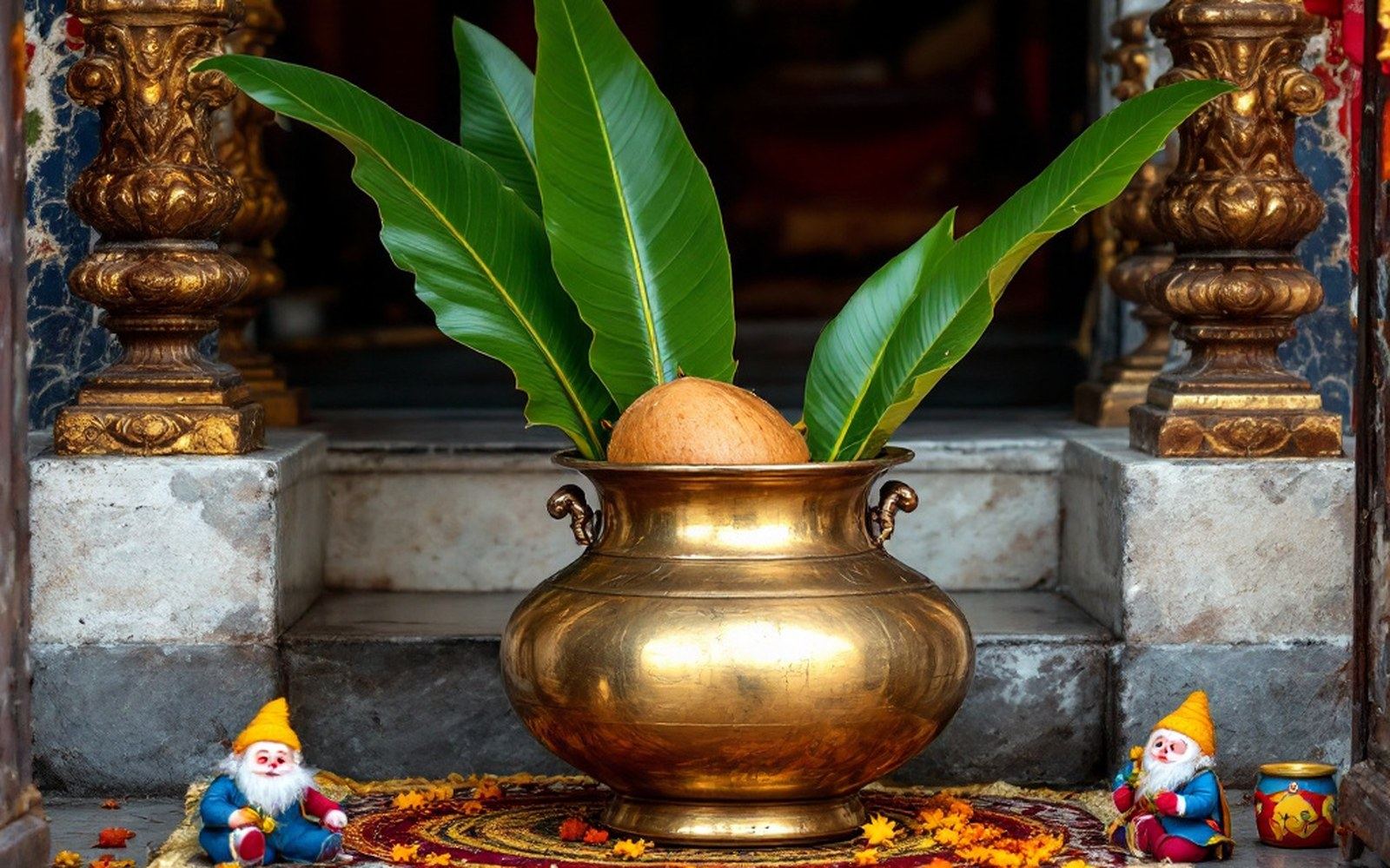 A brass pot with a coconut and mango leaves set on a decorated doorstep