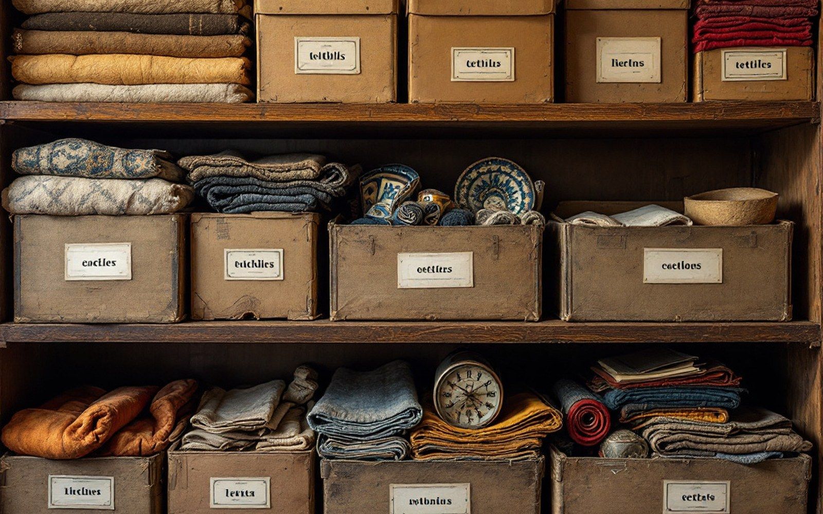 A museum store shelf of catalogued textiles in archival boxes with typed labels