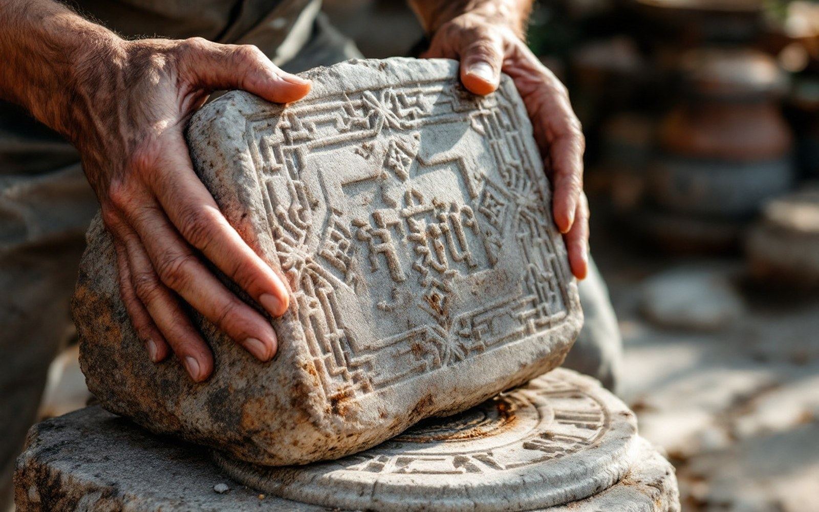 A carved stone slab with a repeating geometric border, weathered, outdoor light