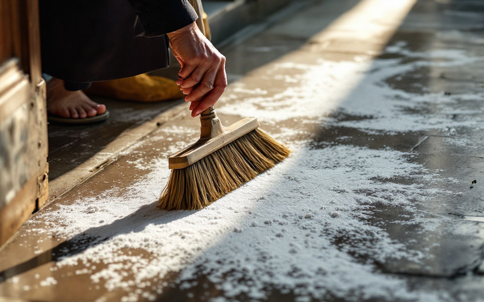 A swept doorstep with a freshly drawn white rice-flour design on the ground before it, early morning light